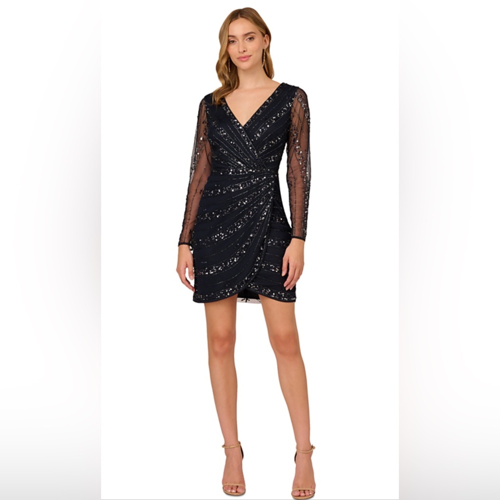 Papell Studio Beaded Sheer Sleeve Dress Midnight Sz 18 evening cocktail wedding